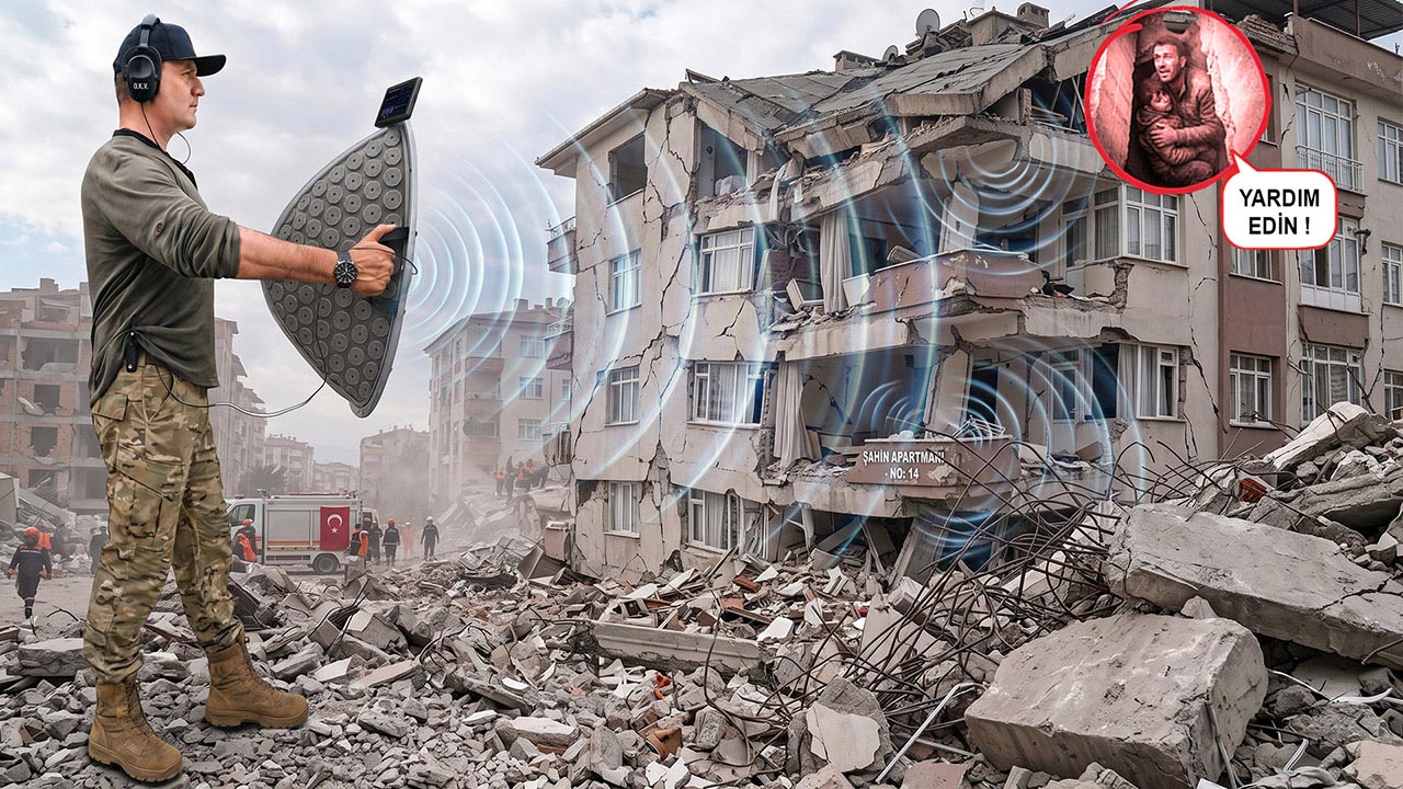 Enkaz alanının dışında, güvenli mesafeden O.K.V. ile insan sesi arayan operatör
